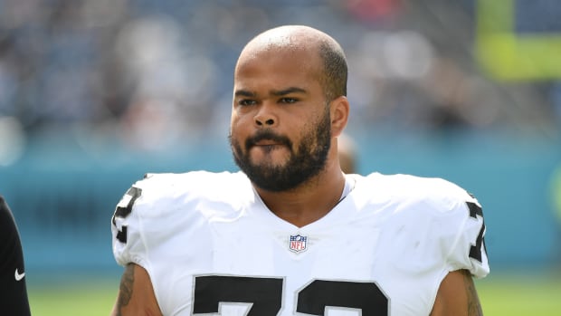 Sep 25, 2022; Nashville, Tennessee, USA;Las Vegas Raiders guard Jermaine Eluemunor (72) leaves the field after warmups before the game against the Tennessee Titans at Nissan Stadium. Mandatory Credit: Christopher Hanewinckel-USA TODAY Sports  
